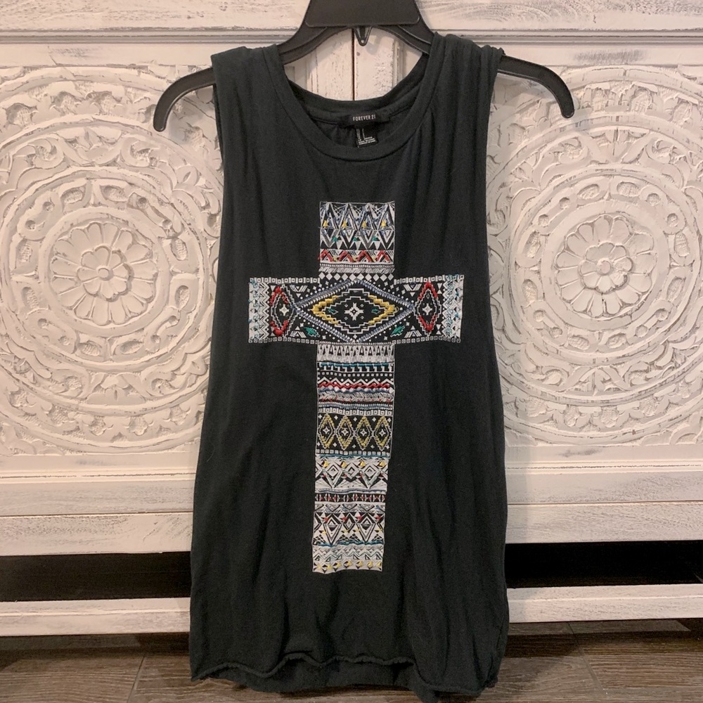 Forever21 dark green embroidered cross tank